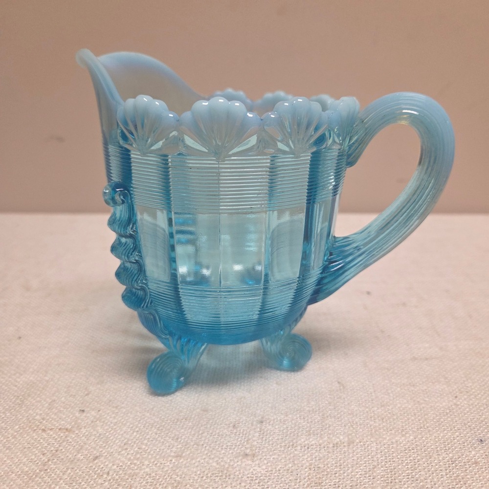 Northwood Blue Opalescent Chrysanthemum Base Swirl Glass Footed Creamer Pitcher
